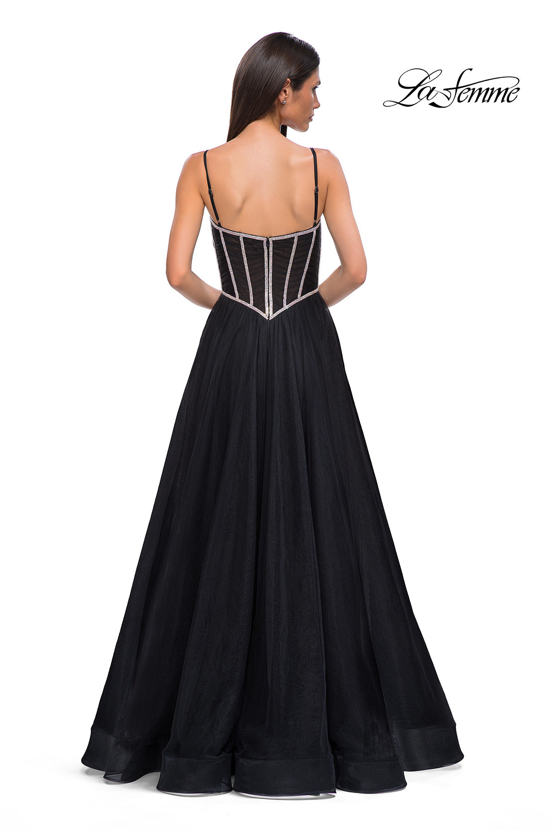 Picture of: Tulle A-line Prom Dress with Rhinestone Detail on Corset Top in Black , Style 32675, Detail Picture 4