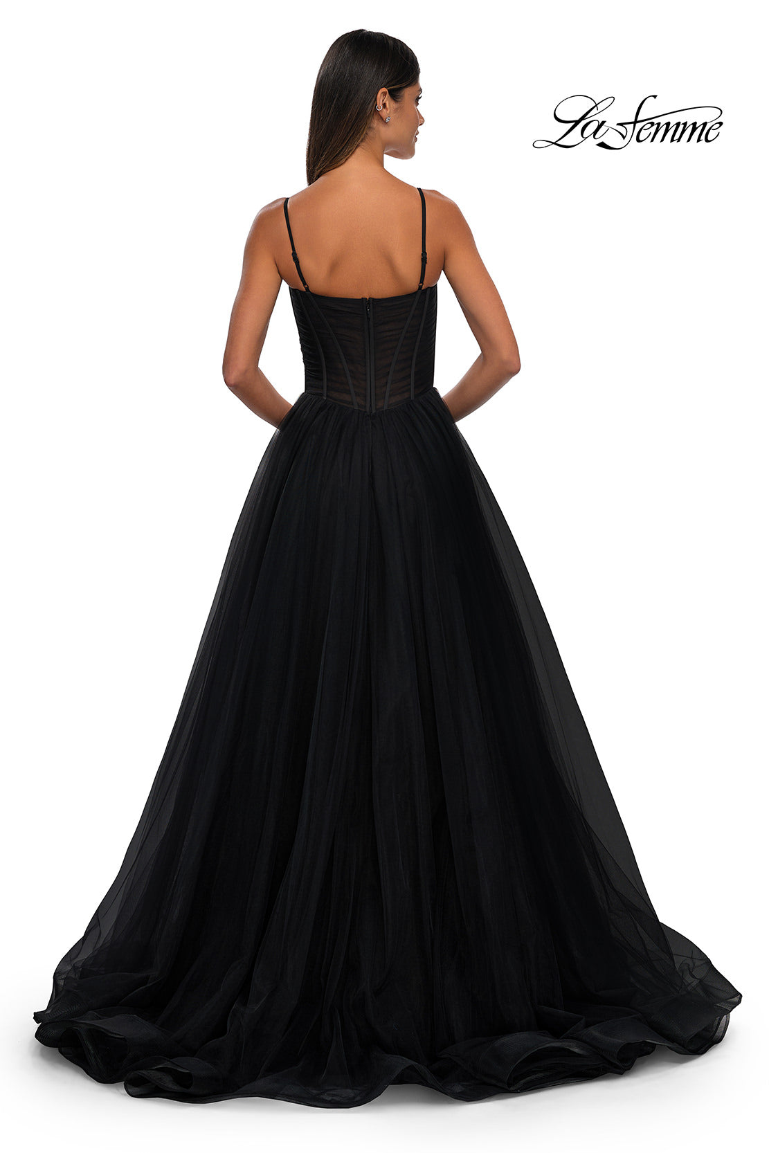 Picture of: Tulle Prom Dress with A-Line Skirt and Ruched Corset Top in Black, Style: 32700, Detail Picture 4