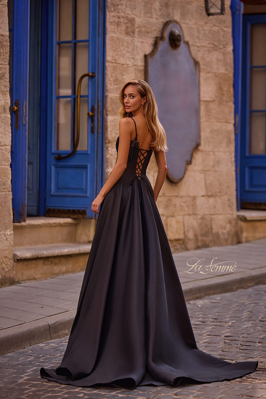 Picture of: Mikado A-line Gown with Lace Detail Neckline in Black , Style 32878, Detail Picture 4