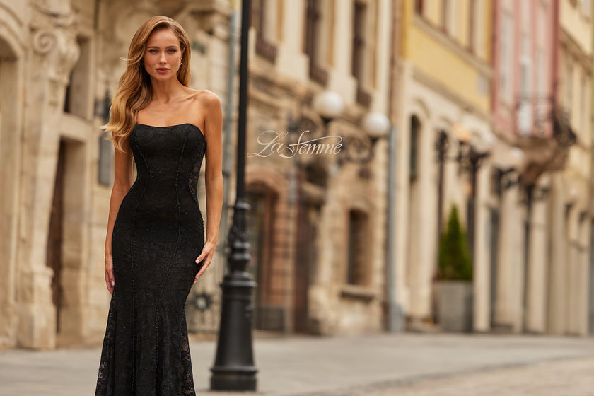 Picture of: Strapless Lace Gown with Corset Back and Illusion Sides in Black, Style: 33608, Detail Picture 4, Landscape