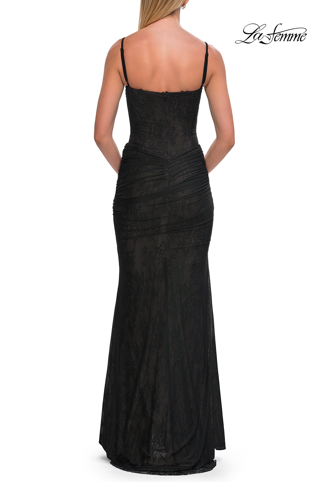 Picture of: Ruched Beaded Mesh and Lace Gown with V-Neckline in Black, Style: 33632, Detail Picture 4