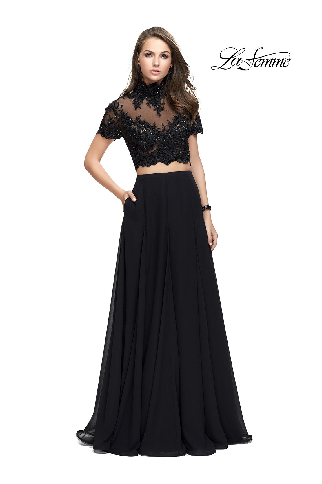 Picture of: Two Piece Dress with Beaded Lace Top and Sheer Back in Black, Style: 25401, Detail Picture 5