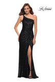 Picture of: Sequin Gown with One Shoulder Top and Open Back in Black, Style 29962, Detail Picture 5