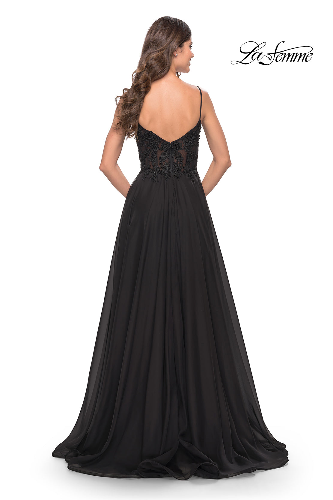 Picture of: A-line Gown with Sheer Floral Embellished Bodice in Jewel Tones in Black, Style: 30639, Detail Picture 5