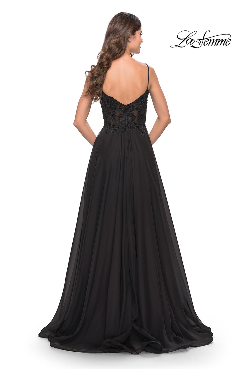 Picture of: A-line Gown with Sheer Floral Embellished Bodice in Jewel Tones in Black, Style: 30639, Detail Picture 5