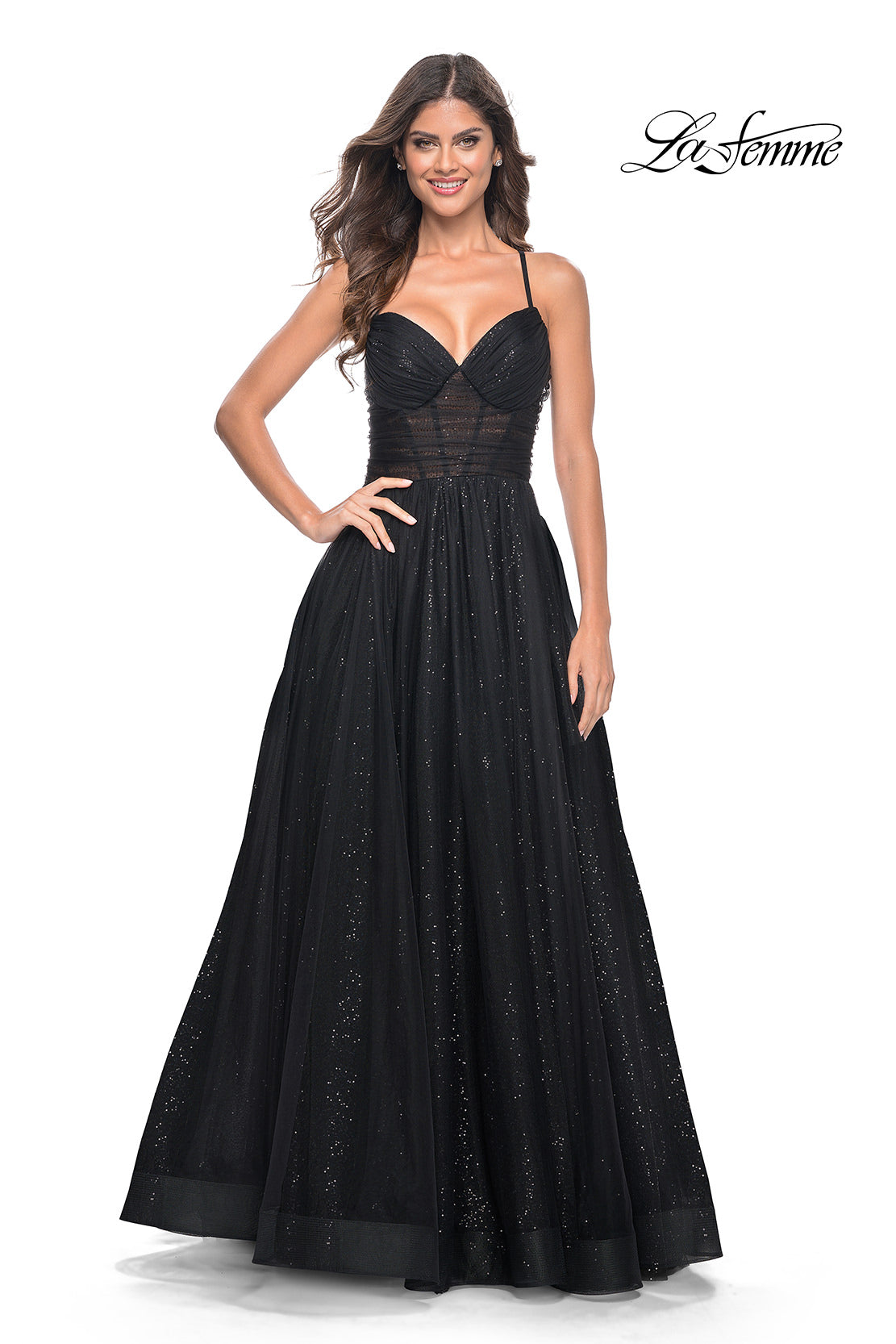Picture of: A-Line Prom Dress with Sequin Lining and Illusion Top in Black, Style: 31986, Detail Picture 5