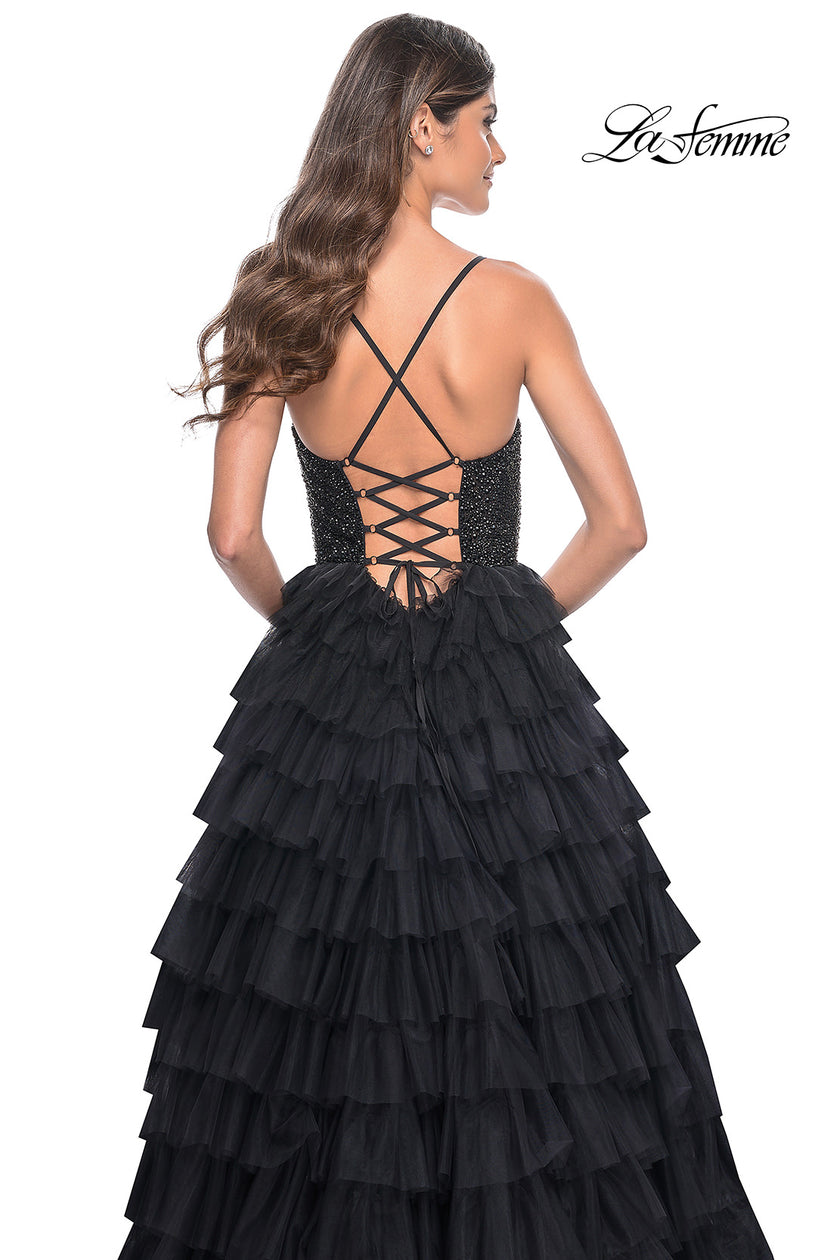Picture of: Tiered Ruffle Tulle Prom Dress with Rhinestone Embellished Bodice in Black, Style: 32002, Detail Picture 5