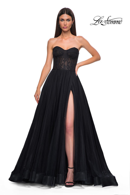 Picture of: A-line Tulle Gown with Lace Corset Bodice and Slit in Black , Style 32579, Detail Picture 5