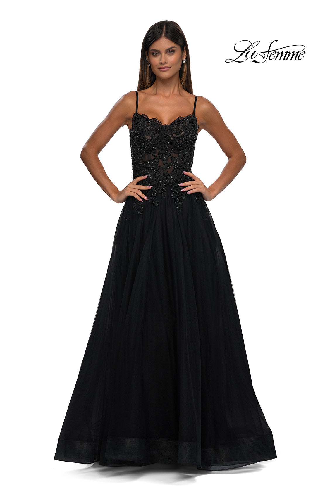 Picture of: Lace and Tulle A-line Prom Dress with High Slit in Black , Style: 32646, Detail Picture 5