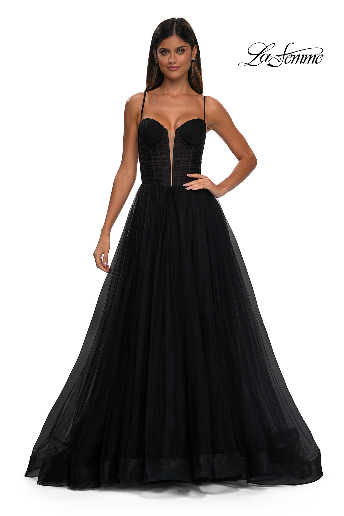 Picture of: Tulle Prom Dress with A-Line Skirt and Ruched Corset Top in Black, Style: 32700, Detail Picture 5