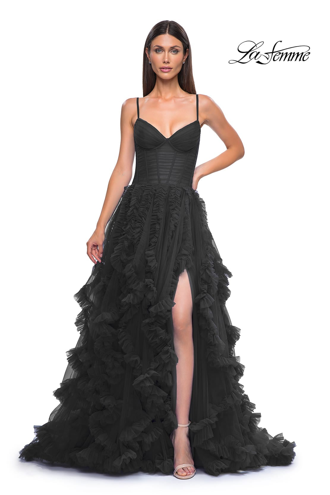 Picture of: Ruffle Tulle Dress with Unique Skirt and Illusion Corset Bodice in Black , Style 32719, Detail Picture 5