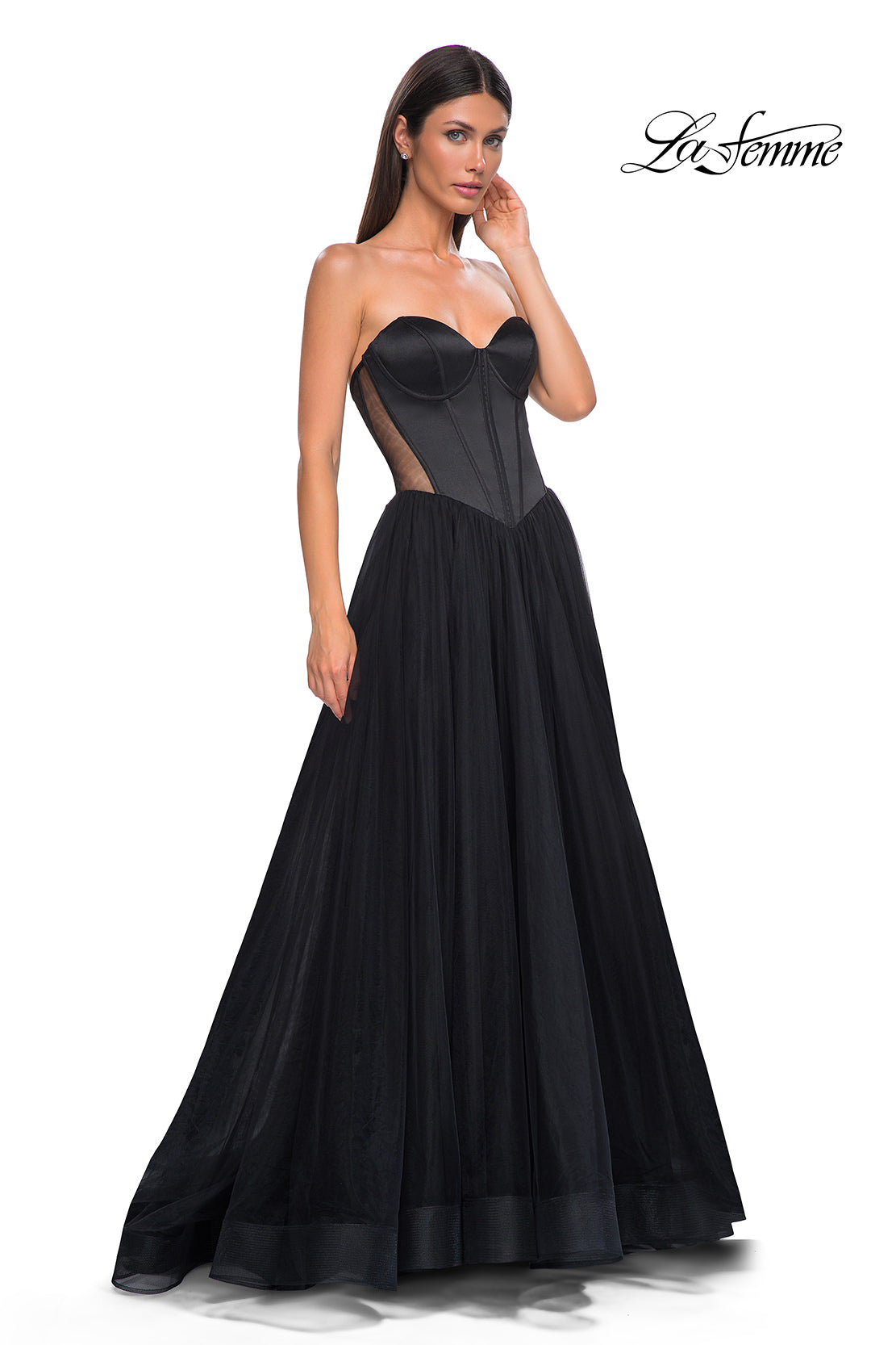 Picture of: Strapless Tulle Evening Dress with Basque Waist and Satin Bodice in Black , Style 32771, Detail Picture 5