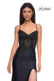 Picture of: Long Jersey Evening Dress with Sheer Rhinestone Top and V Neck in Black , Style 32845, Detail Picture 5