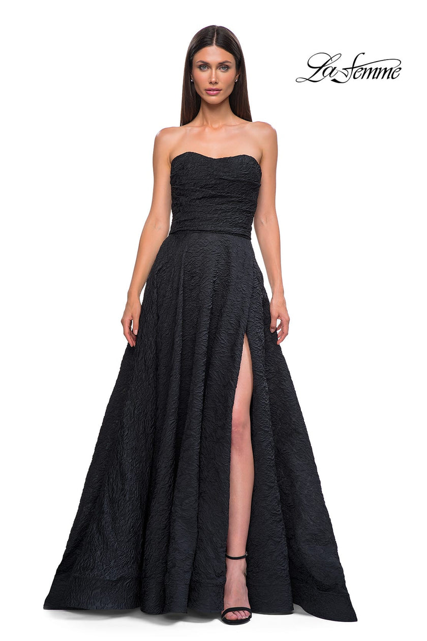 Picture of: Textured Jacquard Evening Gown with Strapless Top in Black , Style 32893, Detail Picture 5