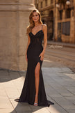 Picture of: Lace Bodice Fitted Gown with Slit and Open Crisscross Back in Black, Style: 33386, Detail Picture 5