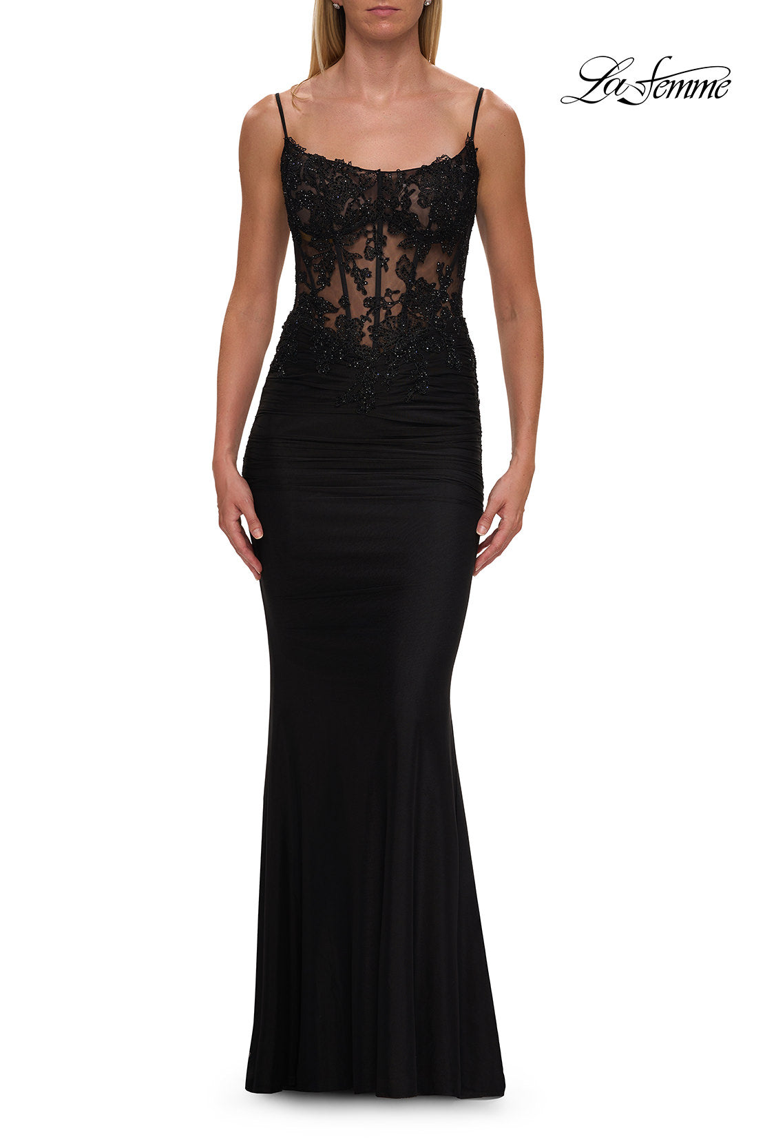 Picture of: Lace Corset Gown with Sheer Bodice and Rhinestones in Black, Style: 33774, Detail Picture 5