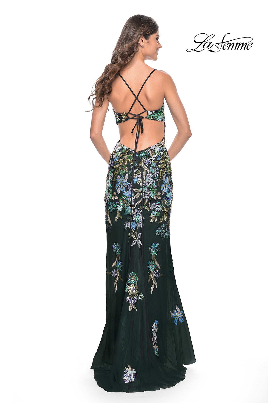 Picture of: Floral Embroidered and Sequin Print Gown with Lace Up Back in Black, Style: 31992, Detail Picture 6