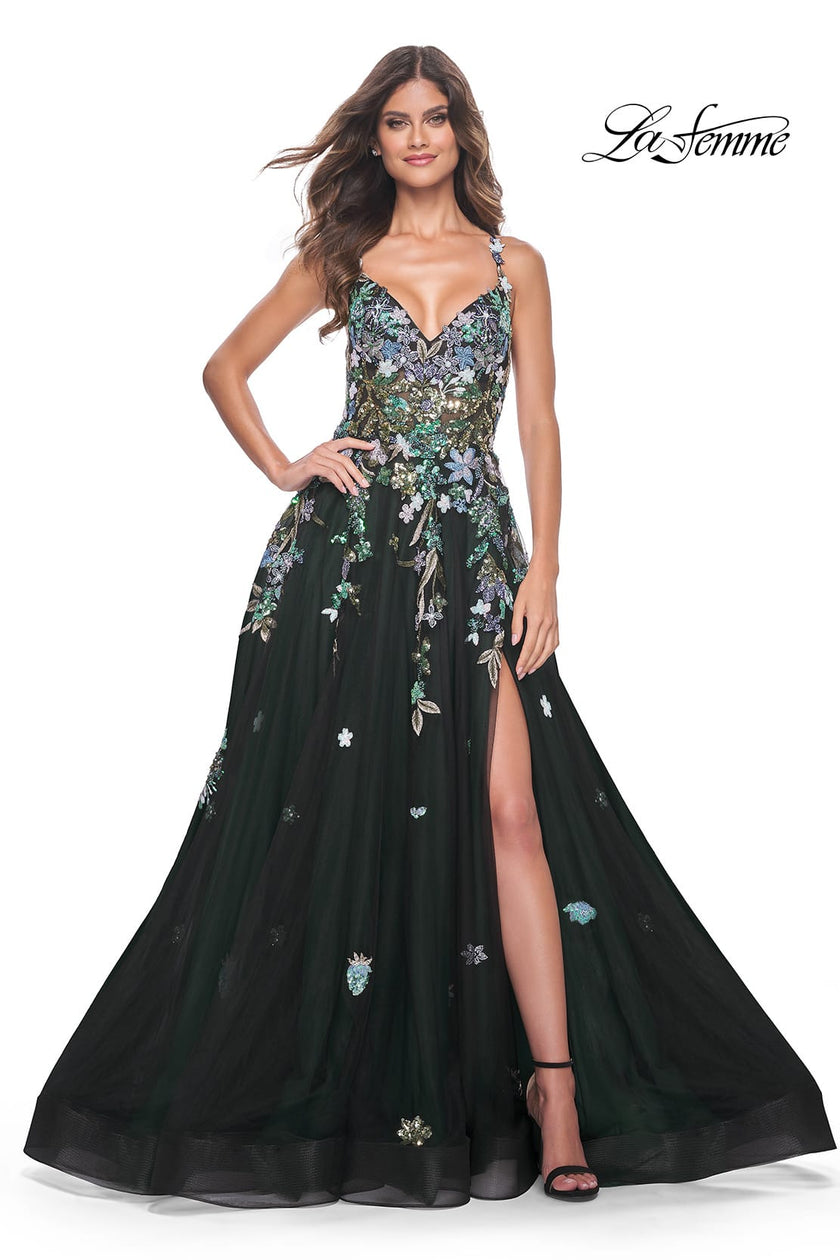 Picture of: Gorgeous Sequin Floral Lace Applique A-Line Tulle Prom Dress in Black, Style: 32023, Detail Picture 6