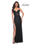 Picture of: Scallop Detail Lace Fitted Prom Dress with Illusion Bodice in Black, Style: 32080, Detail Picture 6