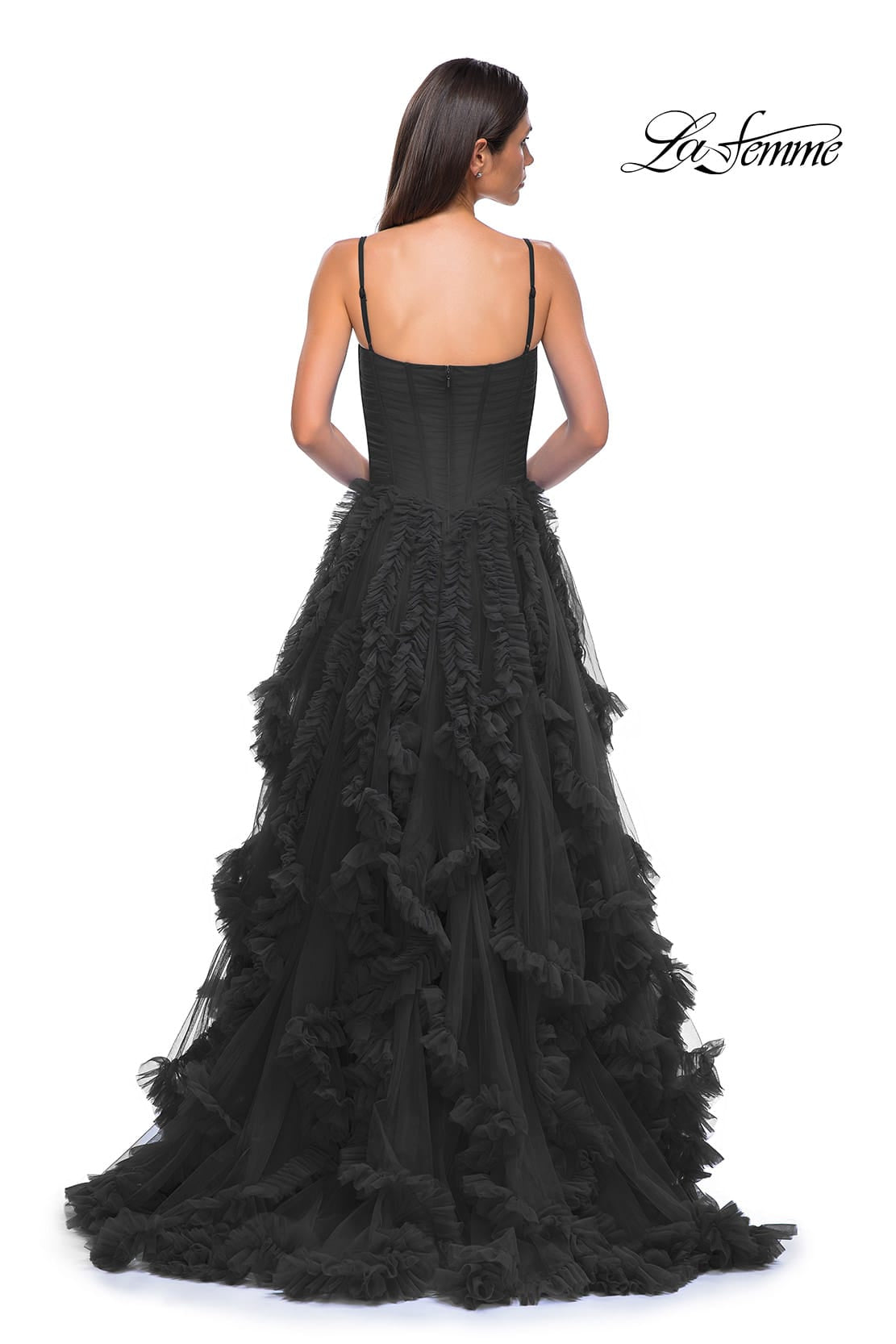 Picture of: Ruffle Tulle Dress with Unique Skirt and Illusion Corset Bodice in Black , Style 32719, Detail Picture 6