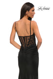 Picture of: Illusion Lace Top Prom Dress with Ruched Jersey Skirt in Black , Style 32803, Detail Picture 6