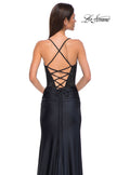 Picture of: Long Jersey Evening Dress with Sheer Rhinestone Top and V Neck in Black , Style 32845, Detail Picture 6