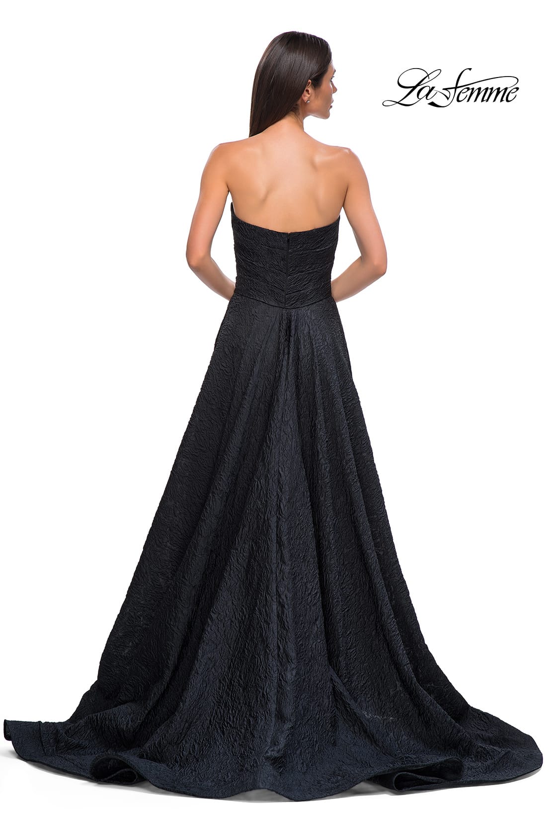 Picture of: Textured Jacquard Evening Gown with Strapless Top in Black , Style 32893, Detail Picture 6