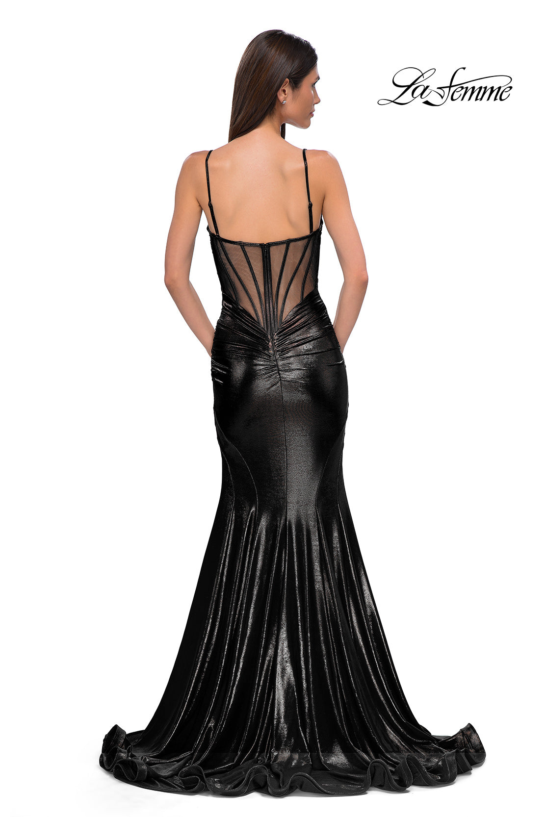 Picture of: Mermaid Metallic Jersey Dress with Draped Neckline in Black , Style 32897, Detail Picture 6