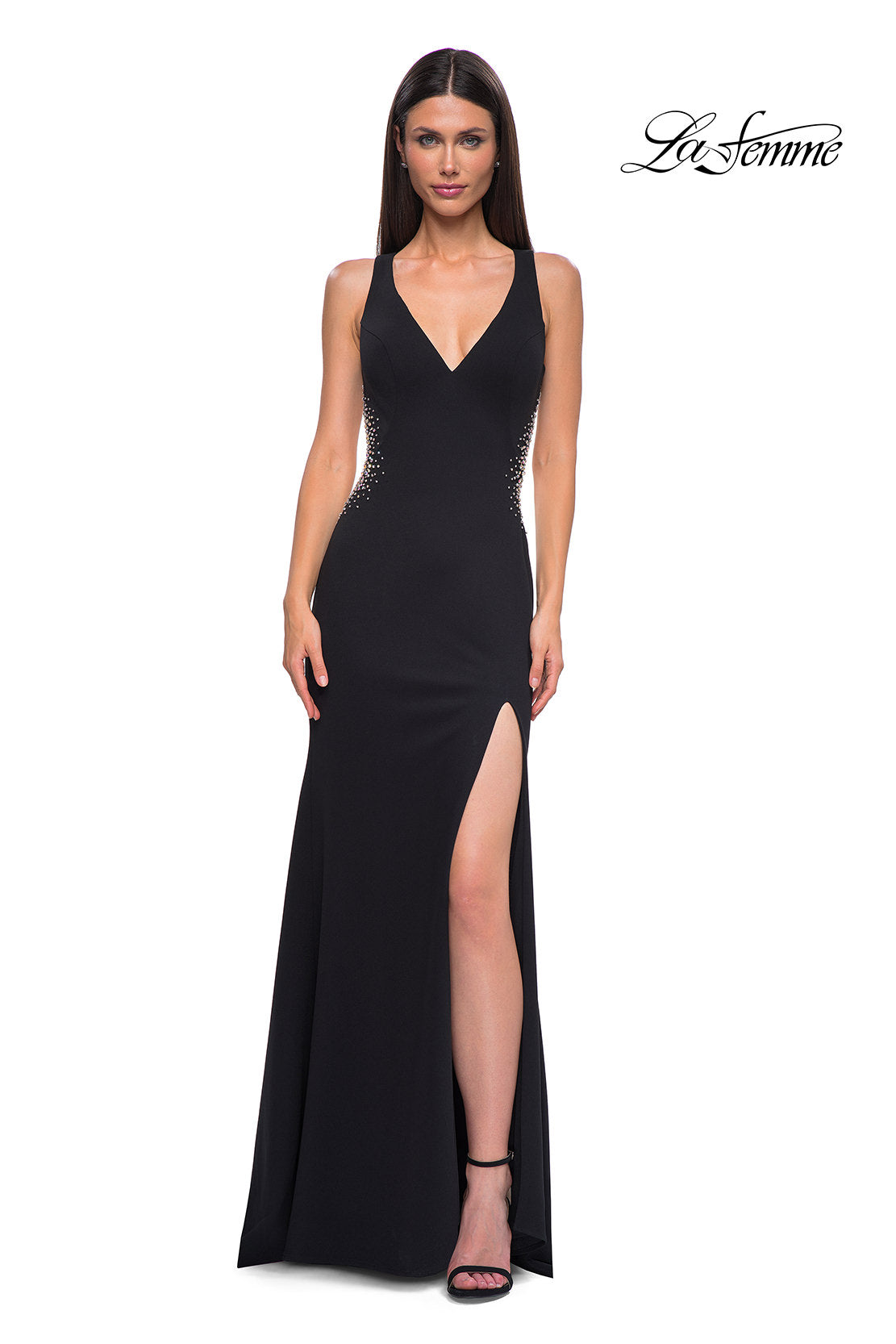 Picture of: Open Back Evening Dress with Rhinestone Embellished Sides and Back in Black , Style 32922, Detail Picture 6