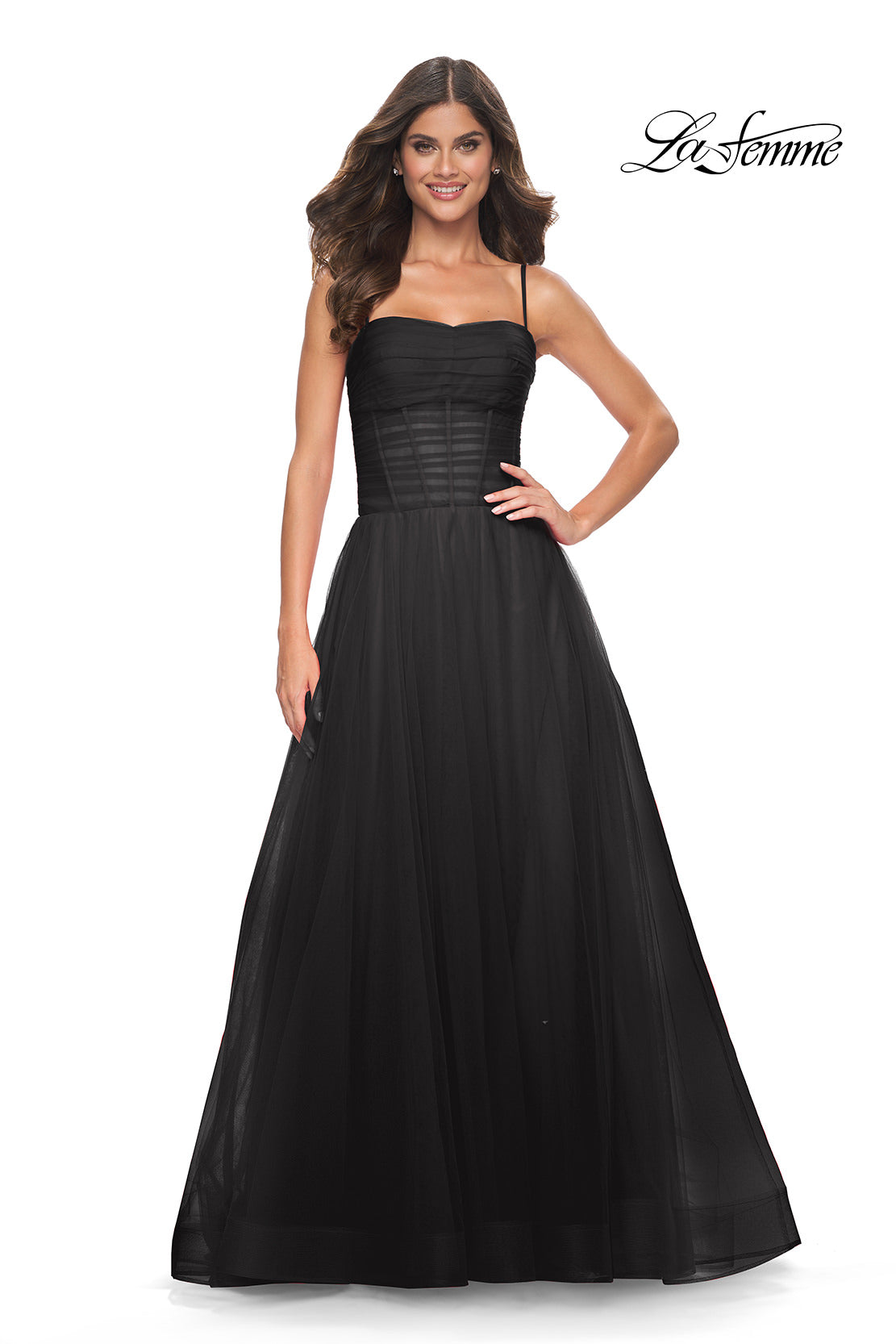 Picture of: A-line Square Neck Tulle Ballgown with Illusion Waist in Black, Style: 32017, Detail Picture 7
