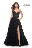 Picture of: Ruffle Tulle Prom Gown with Illusion Lace Bodice and High Slit in Black, Style: 32128, Detail Picture 7
