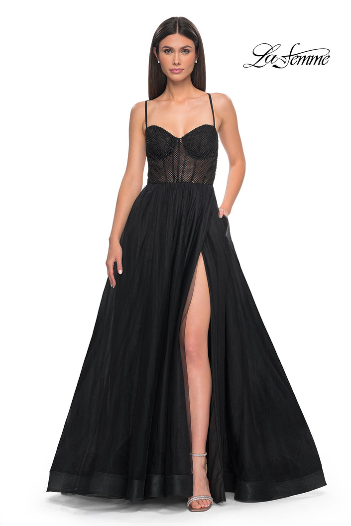 Picture of: A-Line Tulle Gown with High Slit and Illusion Rhinestone Fishnet Bodice in Black, Style: 32135, Detail Picture 7