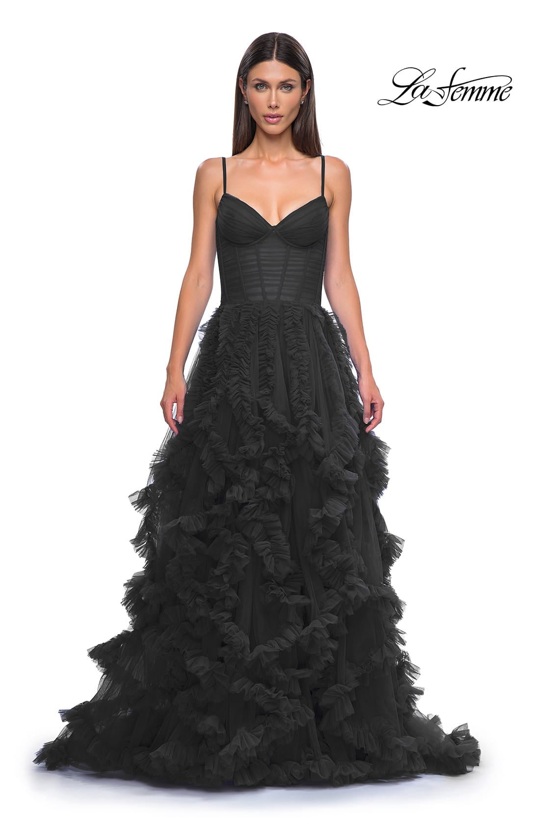 Picture of: Ruffle Tulle Dress with Unique Skirt and Illusion Corset Bodice in Black , Style 32719, Detail Picture 7