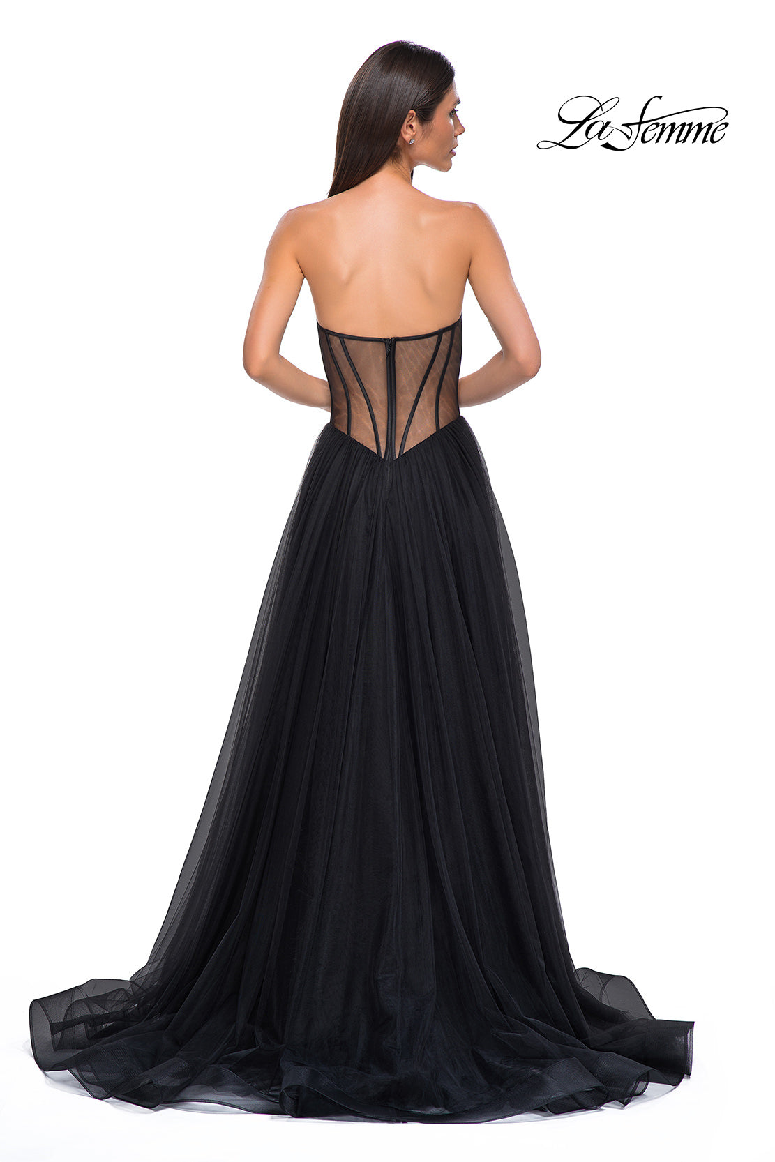Picture of: Strapless Tulle Evening Dress with Basque Waist and Satin Bodice in Black , Style 32771, Detail Picture 7