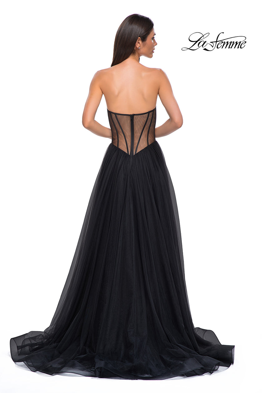 Picture of: Strapless Tulle Evening Dress with Basque Waist and Satin Bodice in Black , Style 32771, Detail Picture 7