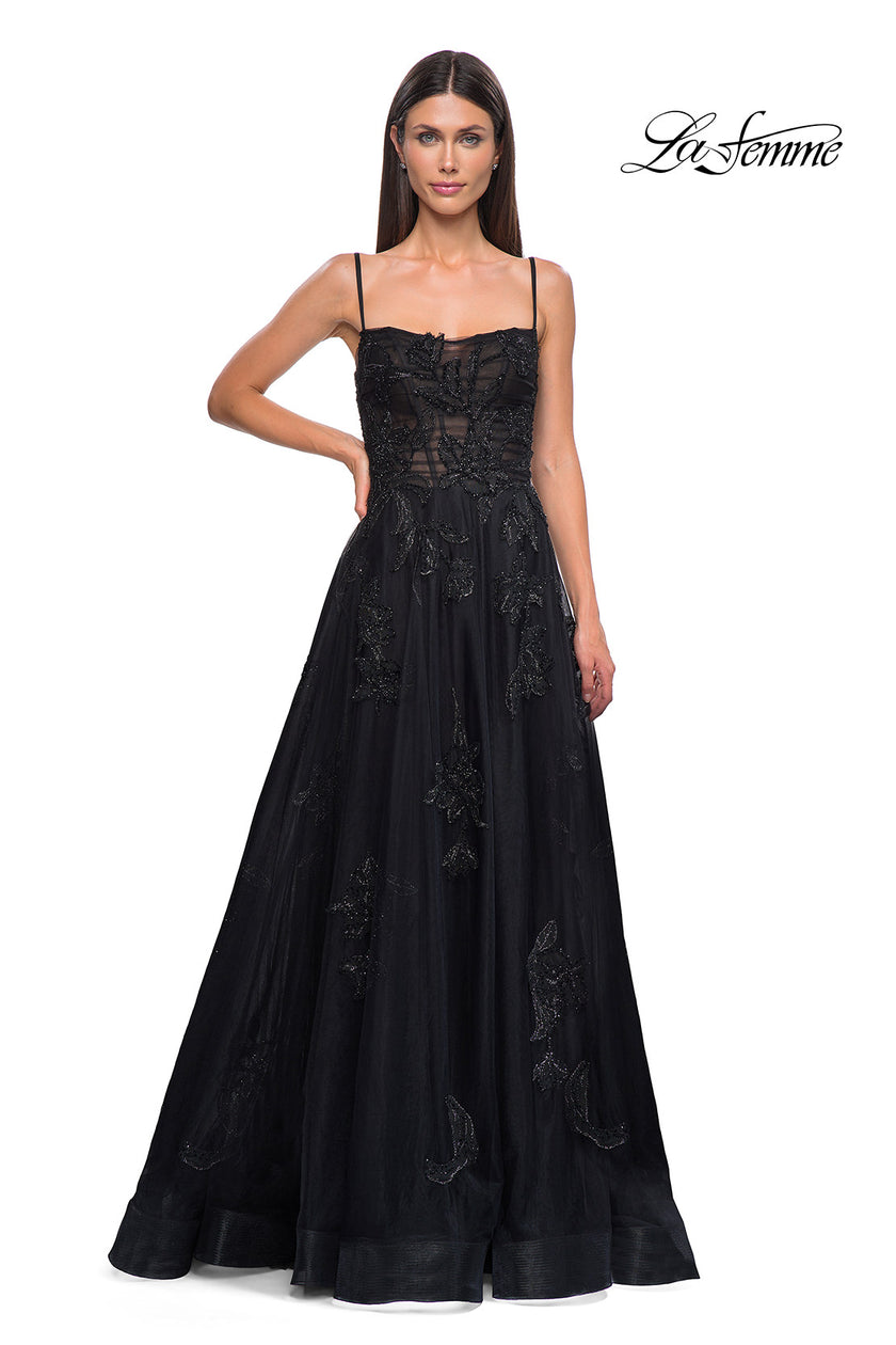 Picture of: Gorgeous A-line Tulle Gown with Beaded Floral Applique in Black , Style 32781, Detail Picture 7
