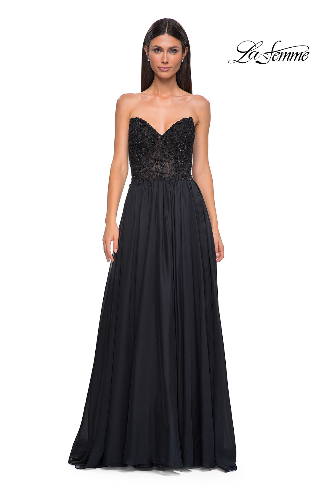 Picture of: Chiffon Gown with High Slit and Strapless Lace Top in Black , Style 32804, Detail Picture 7