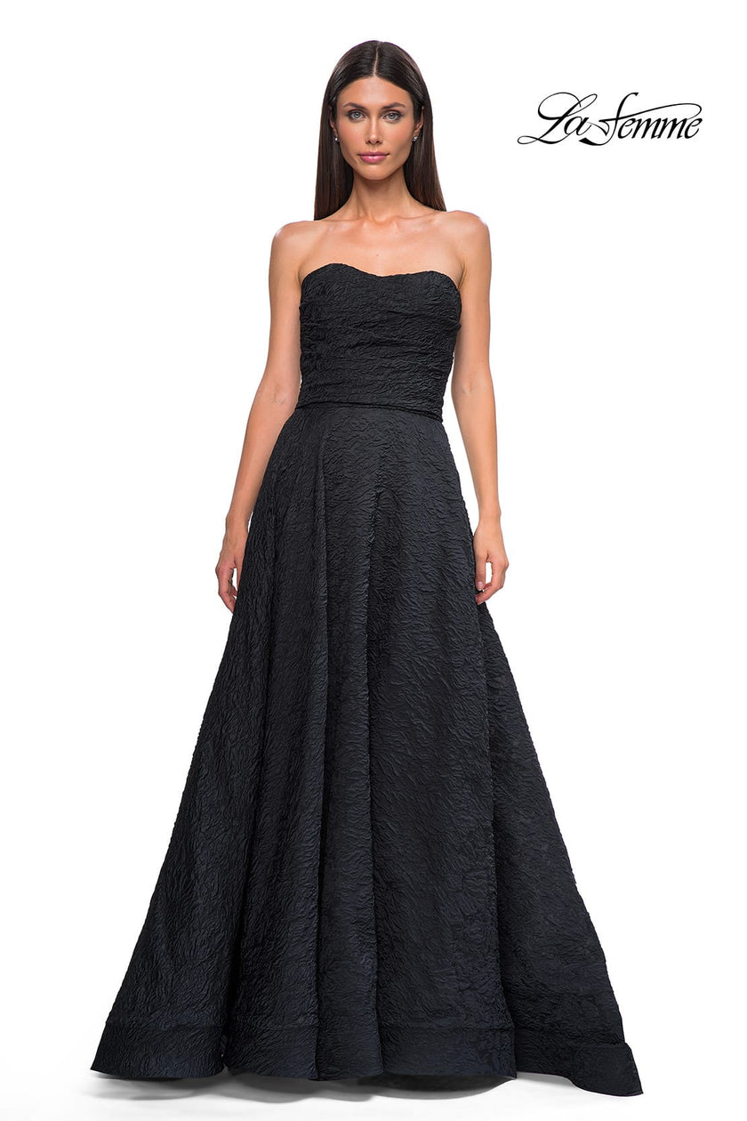 Picture of: Textured Jacquard Evening Gown with Strapless Top in Black , Style 32893, Detail Picture 7