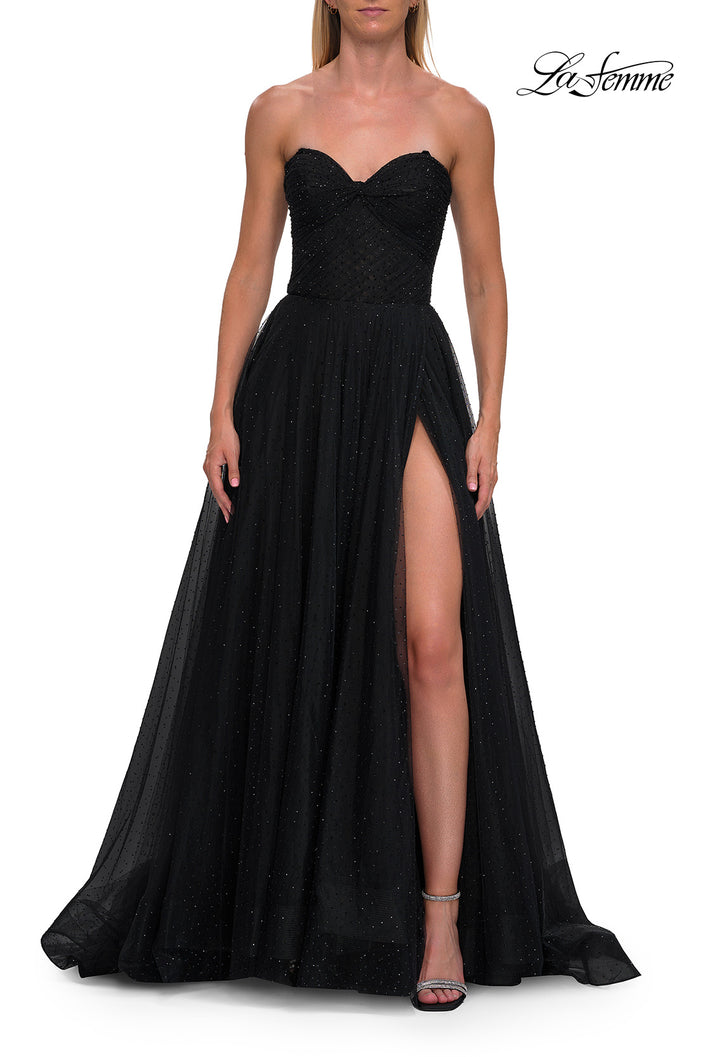 Picture of: Strapless Rhinestone Ball Gown with High Slit in Black, Style: 33488, Detail Picture 7