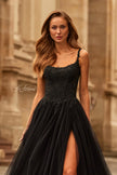 Picture of: Beaded Lace Corset Gown with Sheer Tulle Skirt and Slit in Black, Style: 33499, Detail Picture 7