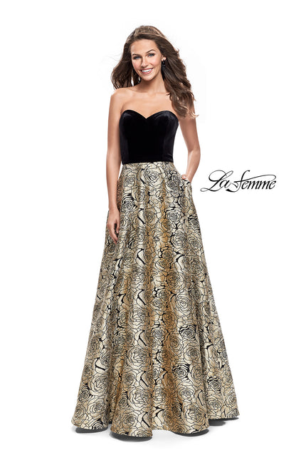 Picture of: Strapless Ball Gown with Velvet Bodice and Rose Print Skirt in Black Gold, Style: 25581, Main Picture