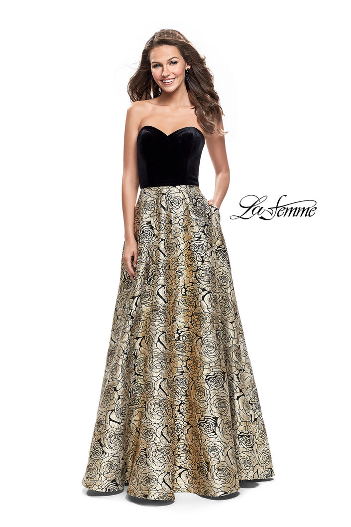 Picture of: Strapless Ball Gown with Velvet Bodice and Rose Print Skirt in Black Gold, Style: 25581, Main Picture