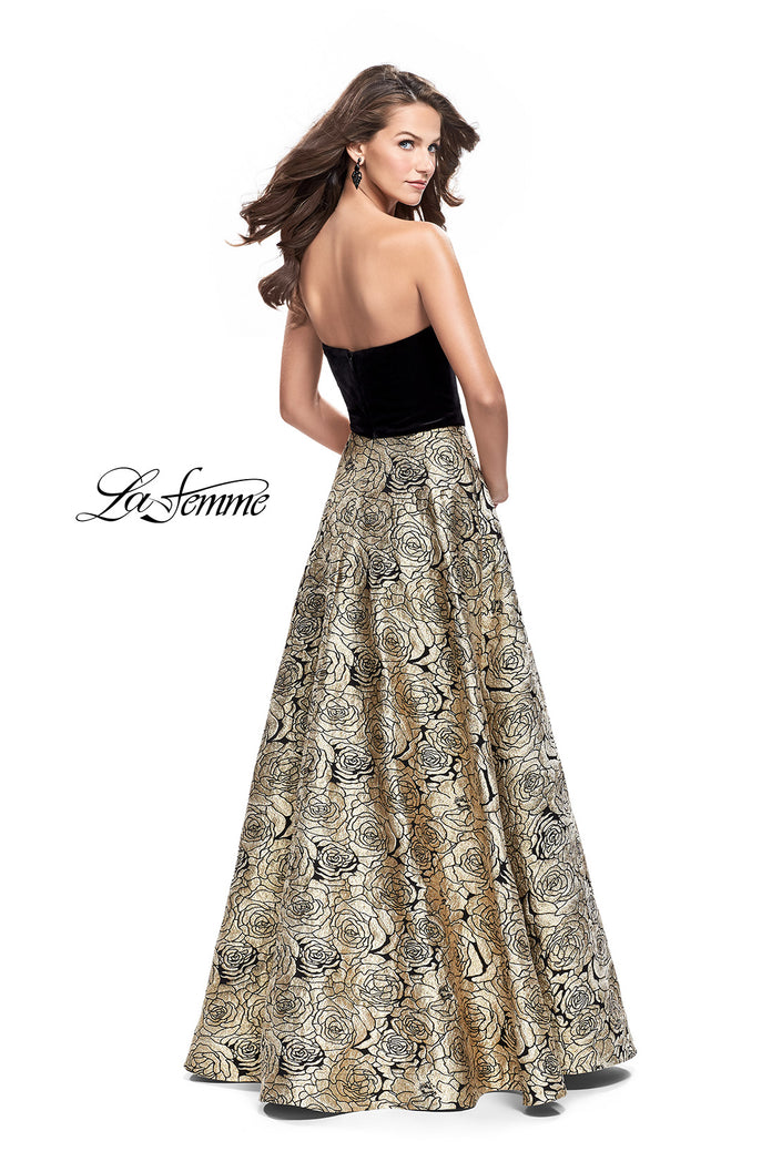 Picture of: Strapless Ball Gown with Velvet Bodice and Rose Print Skirt in Black Gold, Style: 25581, Back Picture