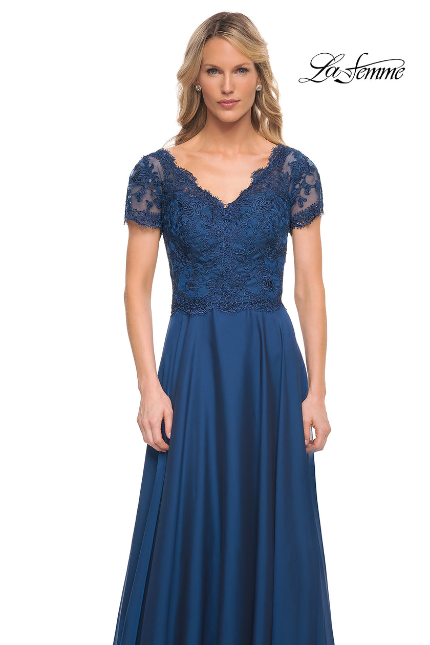 Picture of: Long Chiffon Dress with Lace Bodice and Pockets in Midnight Blue, Style: 27098, Detail Picture 6