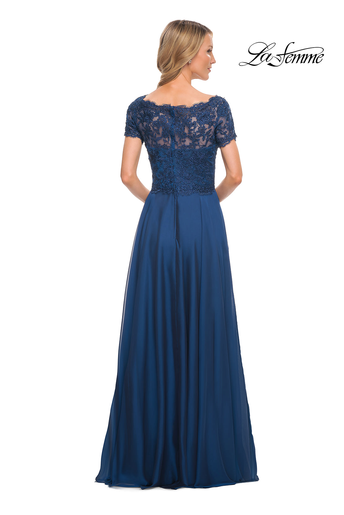 Picture of: Long Chiffon Dress with Lace Bodice and Pockets in Midnight Blue, Style: 27098, Detail Picture 7