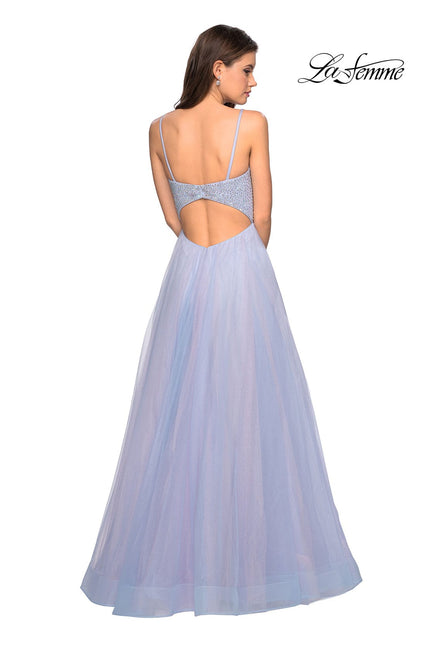Picture of: Rhinestone Bodice Tulle Prom Dress with Cutout Back in Blue/Pink, Style: 27636, Back Picture
