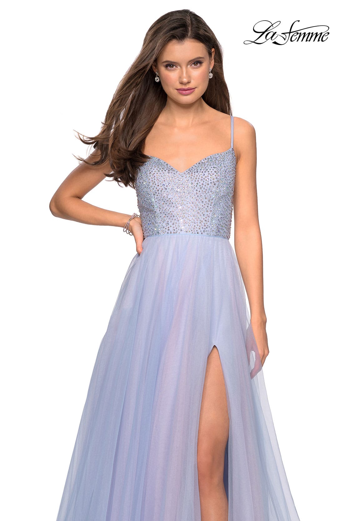 Picture of: Rhinestone Bodice Tulle Prom Dress with Cutout Back in Blue/Pink, Style: 27636, Detail Picture 1