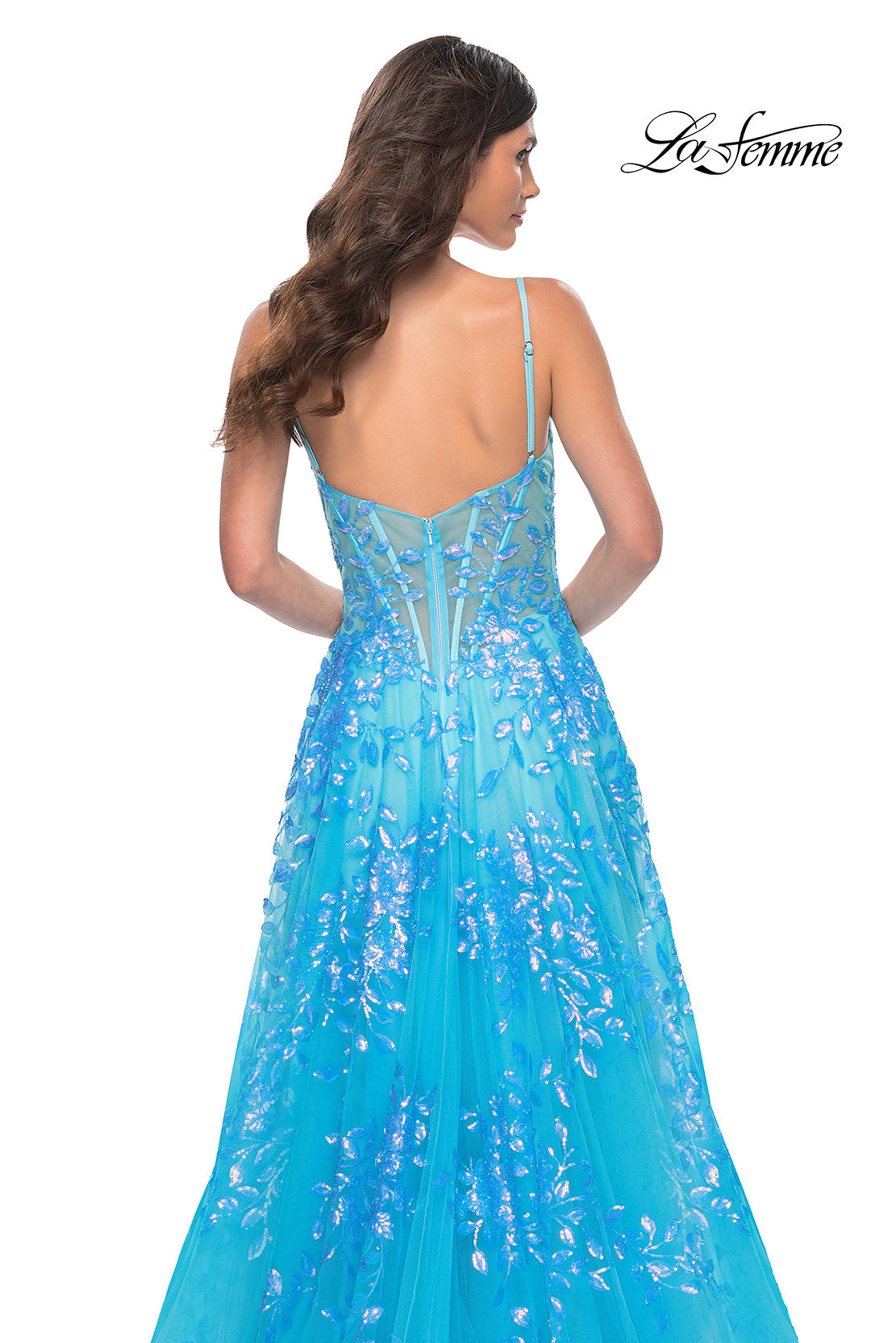Picture of: Sequin Lace Print Tulle A-Line Prom Dress with Illusion Bodice in Blue, Style: 32223, Detail Picture 9
