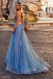 Picture of: Gorgeous Beaded Lace Applique Gown with Illusion Bodice in Blue, Style: 32057, Back Picture