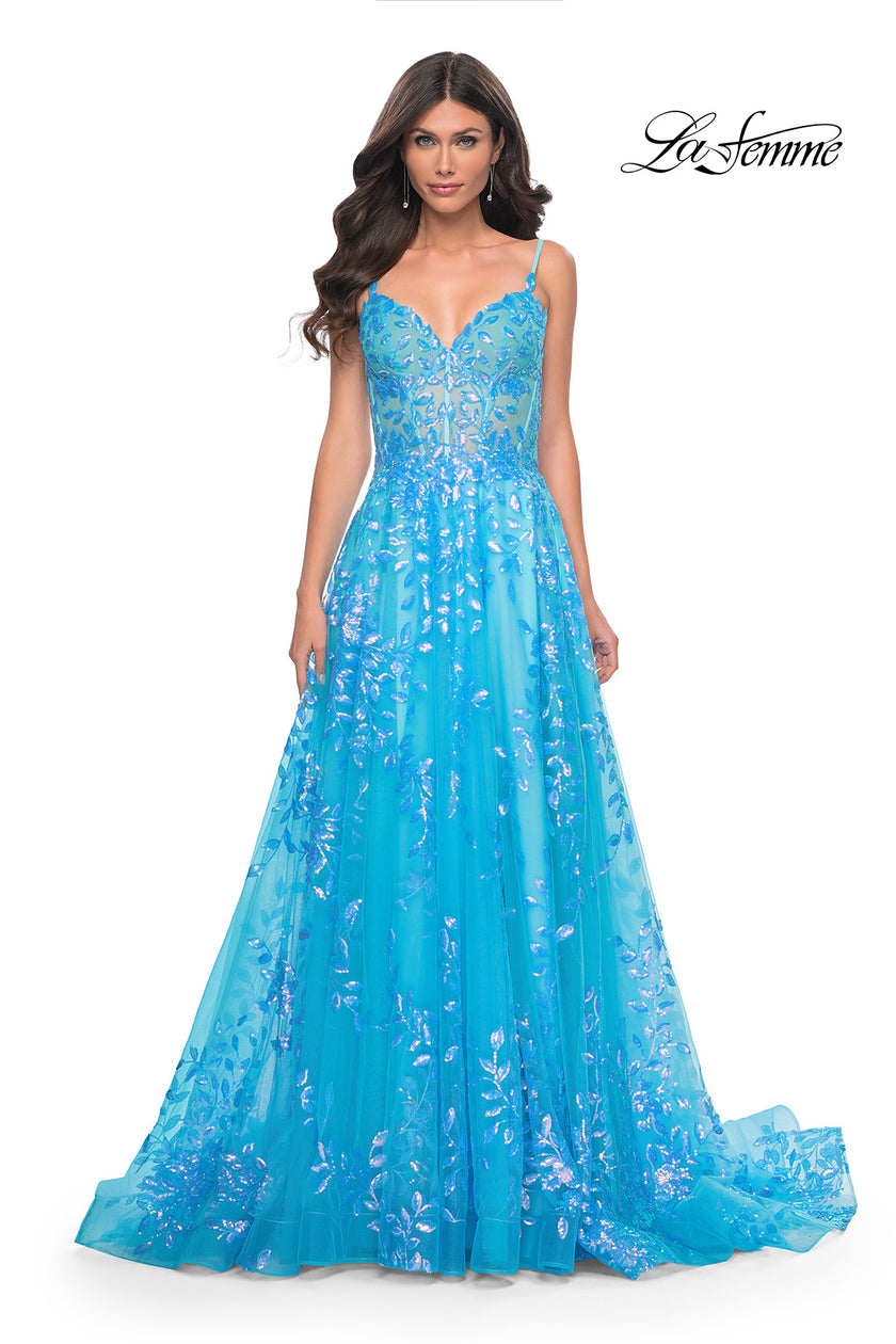 Picture of: Sequin Lace Print Tulle A-Line Prom Dress with Illusion Bodice in Blue, Style: 32223, Detail Picture 6